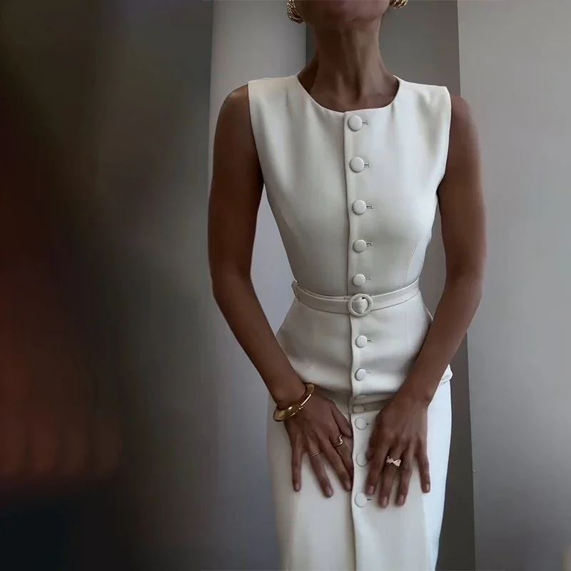 

Elegant O Neck Sleeveless Commute Dress Women Fashion Solid Simple Tank Long Dress Summer Casual Button Belted Party Dress Mujer