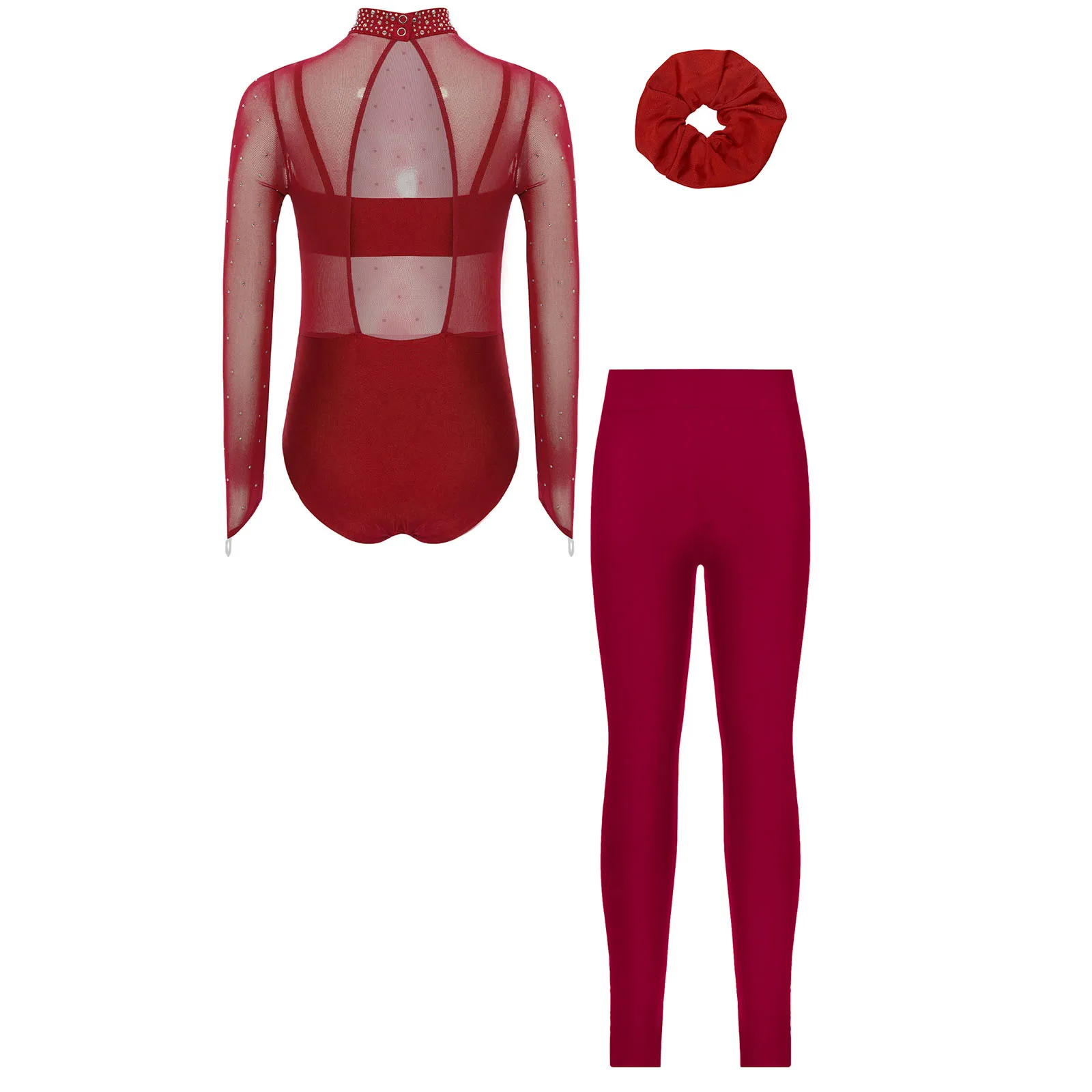 Kids Girl Skating Gymnastics Ballet Dance Costume 4-piece Long Sleeve Rhinestones Mesh Bodice Leotard+Camisole+Leggings+Hairband