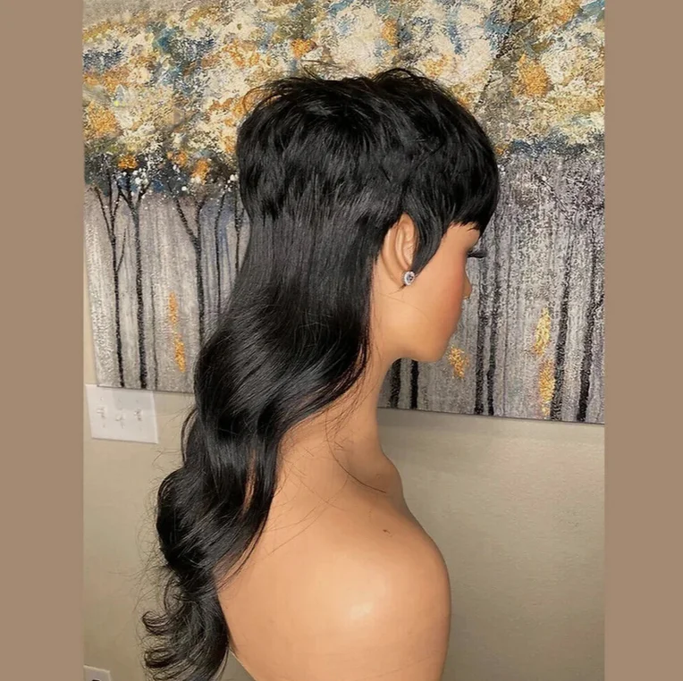 Wig rambut manusia panjang dengan poni Wig gelombang tubuh Brasil Wig Mullet untuk wanita