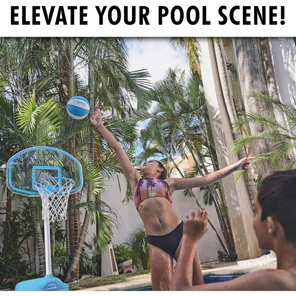 Juego de aro de baloncesto para piscina al aire libre de altura ajustable con llanta de acero inoxidable y pelota incluida, diseño azul claro