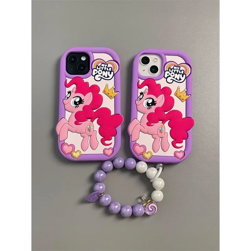 Kawaii My Little Pony cartoon suitable for iPhone15pro 14 13 12 11 mobile phone case with chain silicone anti-fall soft case