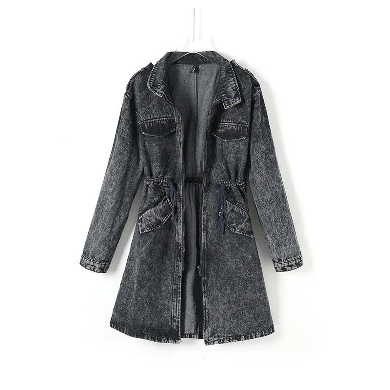

Женское джинсовое пальто в европейском и американском стиле с длинным рукавом, свободная эластичная талия на молнии, стильный дизайн, ковбойская куртка, черное, серое пальто длины