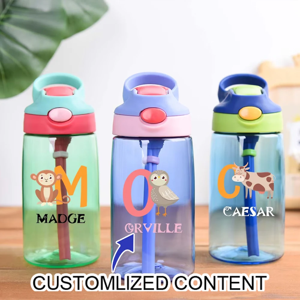 Personalized Letter Animal Children's Water Bottle, Customized Name Student Flip Straw Cup, Customized Back To School Gift.