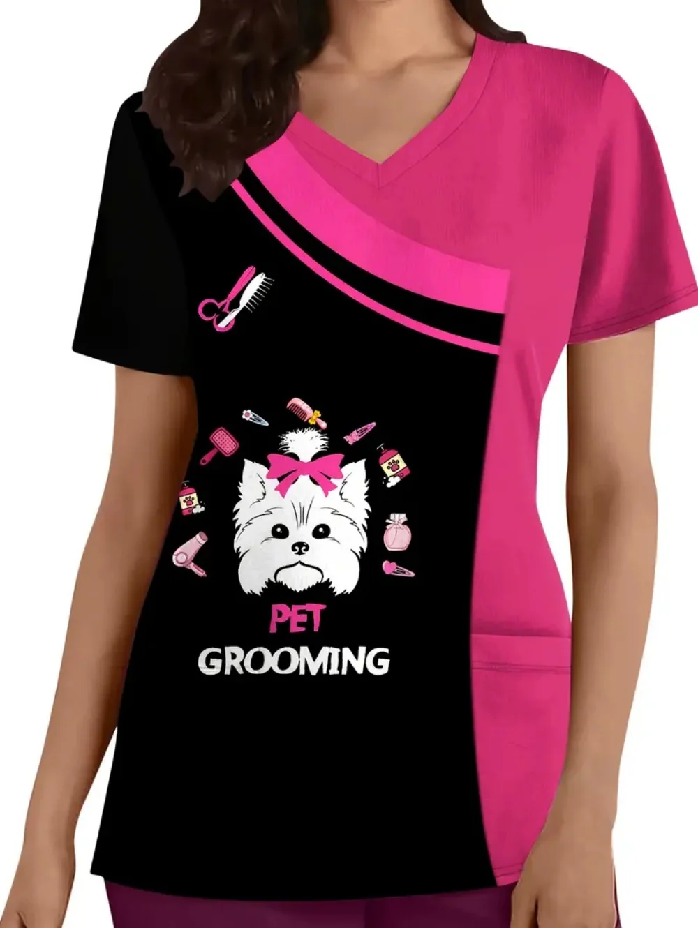 手術服女性獣医犬パターンプリントナーストップスファッションポケット付き V ネック服医療スクラブ女性 Tシャツ