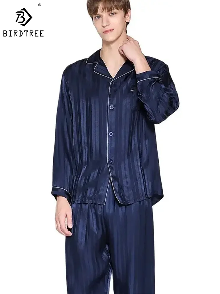 Birdtree 100% Silk Pajamas Sets Men Homewear Male Casual Striped Long Sleeve Loungewear Pant 2Piece Sleepwear S3N845QM