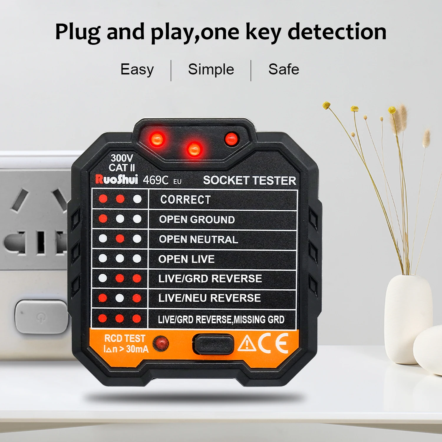 RuoShui 469C Socket Tester 300V EU US Plug Seven LED Light Patterns Leakage Detector Ground Zero Line Protection Switch Test