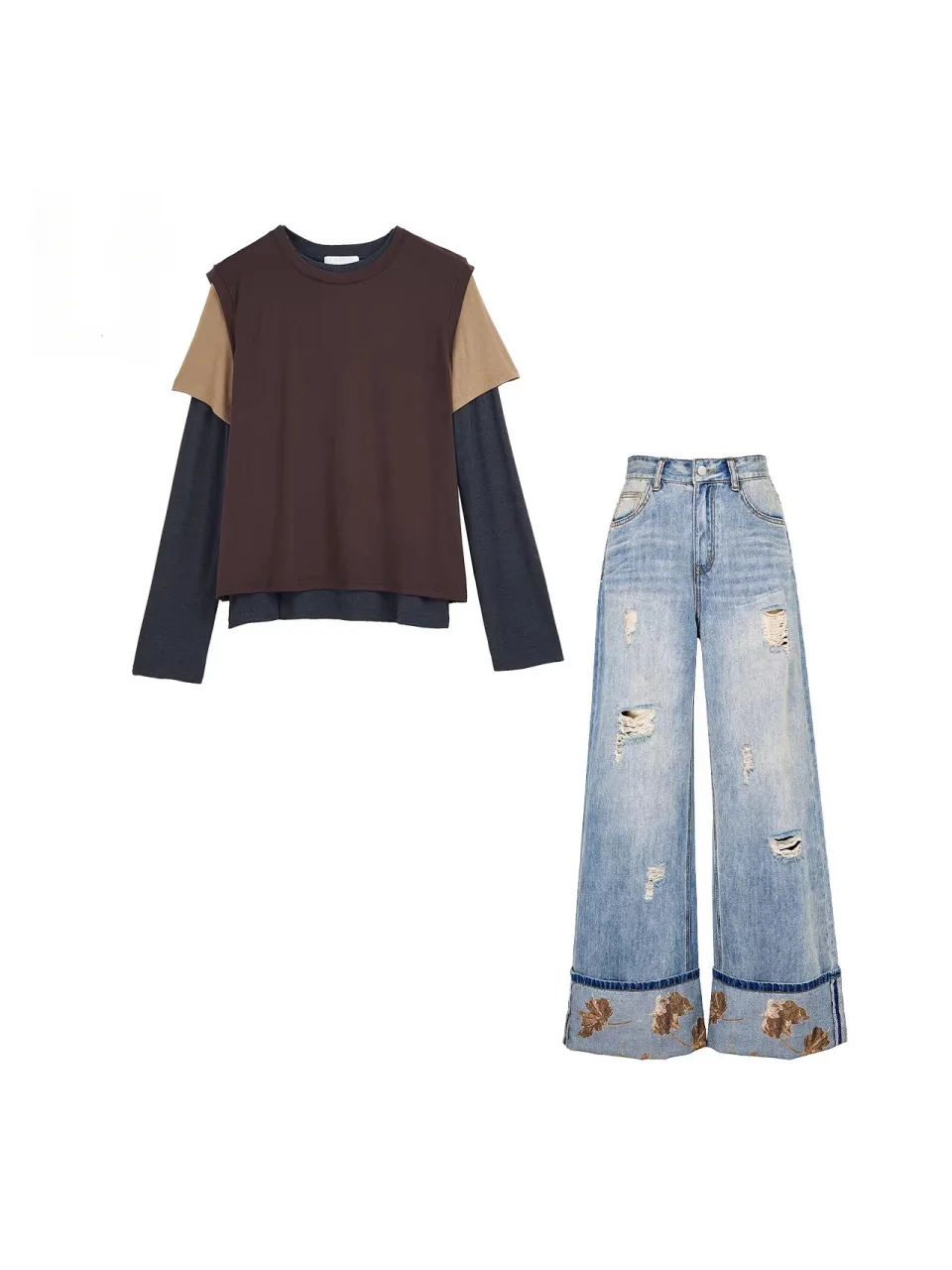 

Faionable Lazy Sle Women's Spring Set Long Sve Loose Straight Leg Jeans Two Piece Suit Early Spring Ensemble 2026