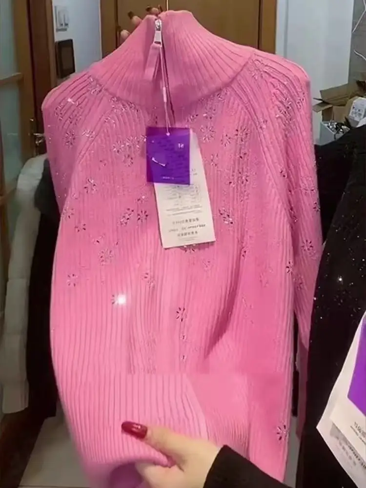 

Осень-зима 2025 г., блестящий свитер на молнии с бриллиантами, пальто для женщин, вязаный кардиган с длинными рукавами, куртка, верхняя одежда, топы, свитера