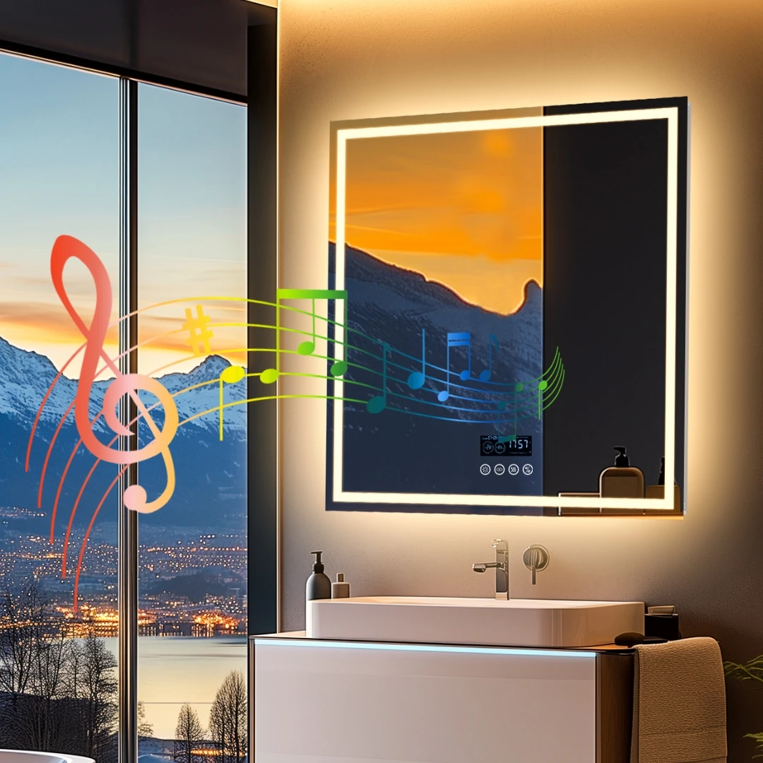 LED Bathroom Mirror 800mm Square Wall Mirror with Bluetooth Time Temperature Display 3 Colours Front+Backlit Anti-fog Memory