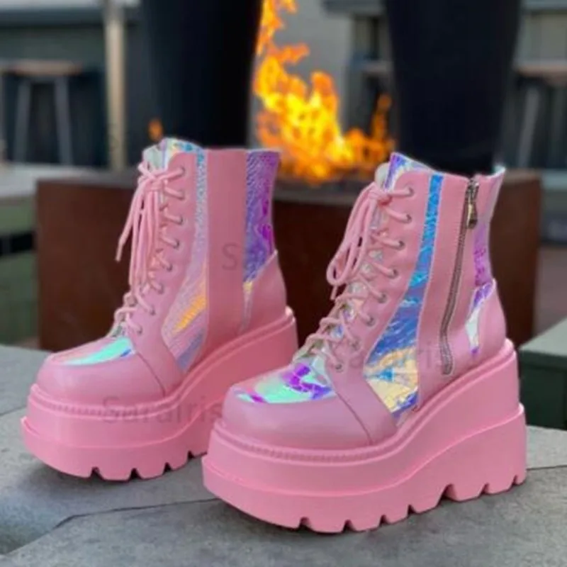Women's Pink Holographic Platform Ankle Boots Fashion Gothic Wedge Heel Lace Up Side Zipper Punk Combat Boots Botas Para Mujer
