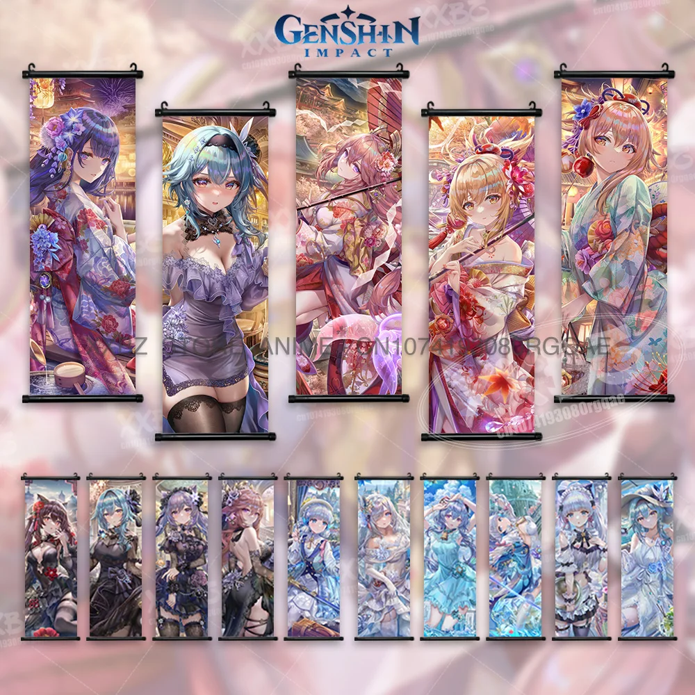 

Genshin Impact Scrolls Picture Hu Tao Hanging Painting Game Canvas Poster Character Nilou Home Decor Kujo Sara Yae Miko Wall Art