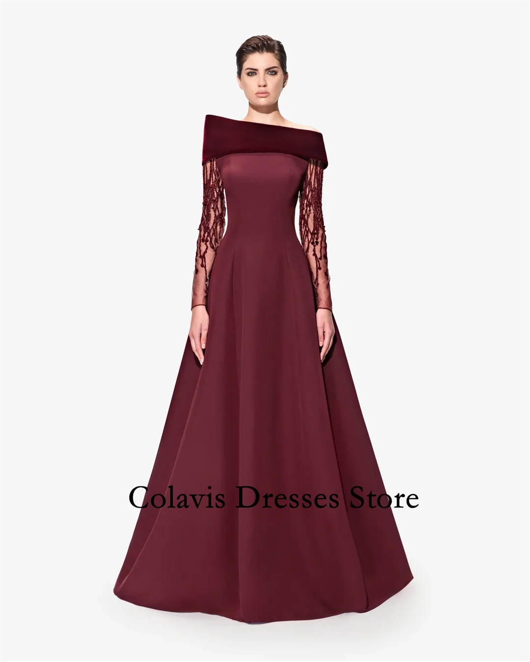 Colavis Fashion Customized 2024 New Women's Maxi Asymmetric Boat Neck Bell Shaped Burgundy Prom Dress Celebrity Party Dress