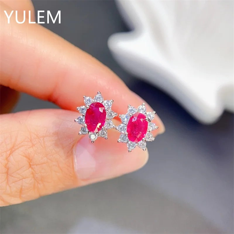 YULEM Silver 925 Natural 4x6mm Oval Cut Pink Ruby for Women Daily Wear Fine Ruby Earrings
