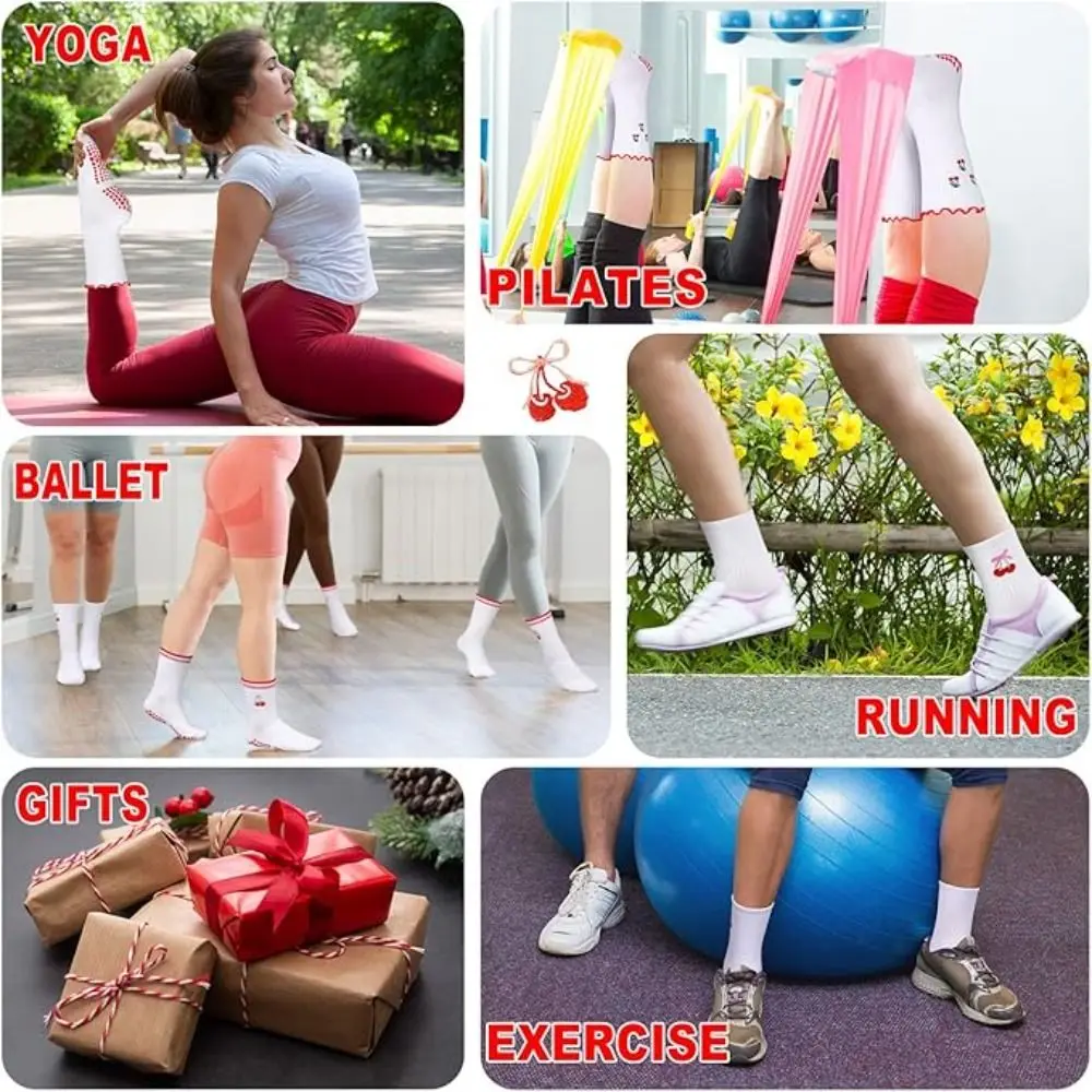 

New Cotton Pilates Socks Harajuku Street Sweat-absorbent Yoga Socks Non-Slip Grip Casual Cherry Embroidery Socks