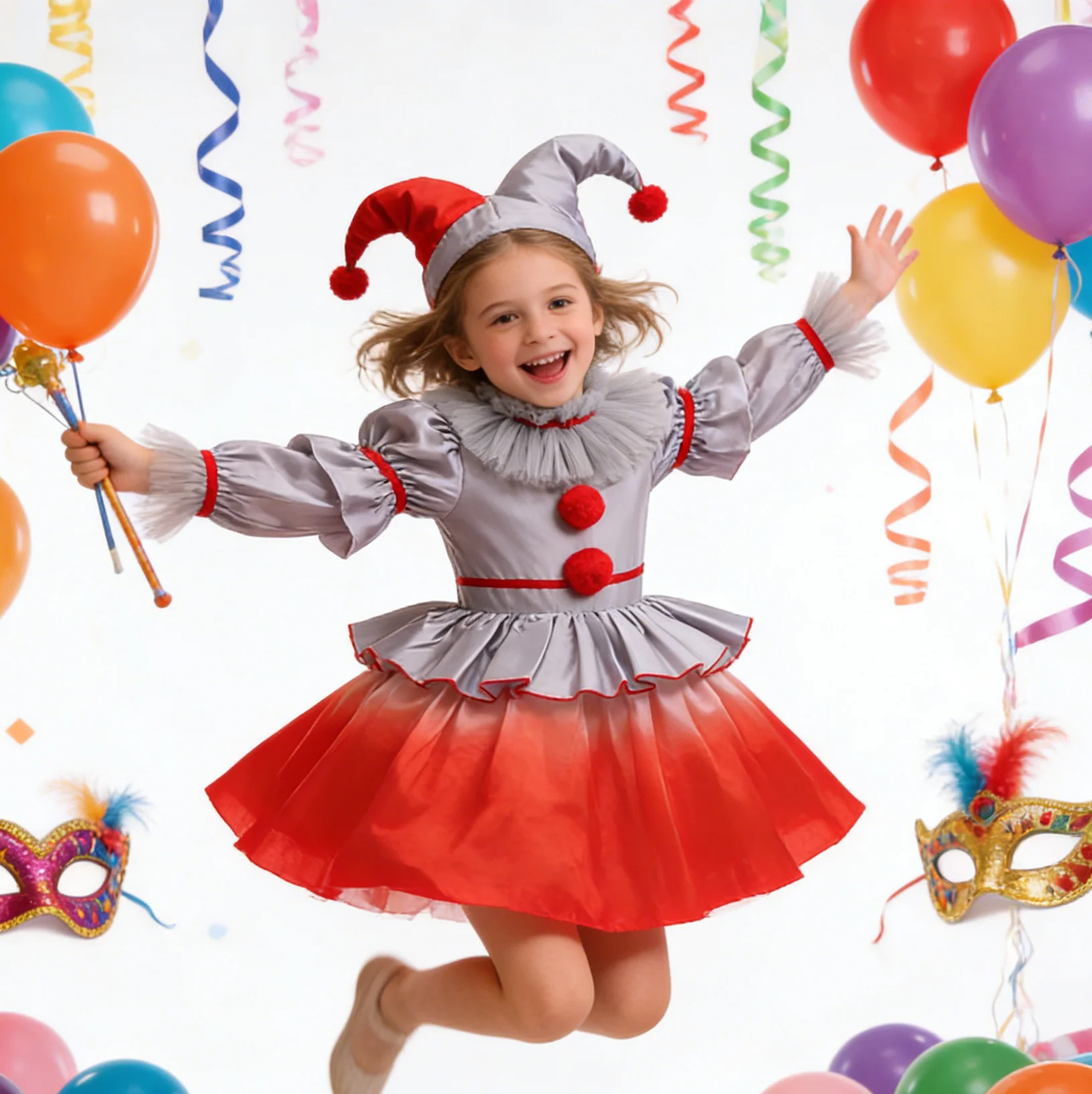 

New Gray Joker Costume 2026 carnival Girls Mesh Dress and glove balloon Carnival Cosplay Creepy Clown Children Dress Up Clothes