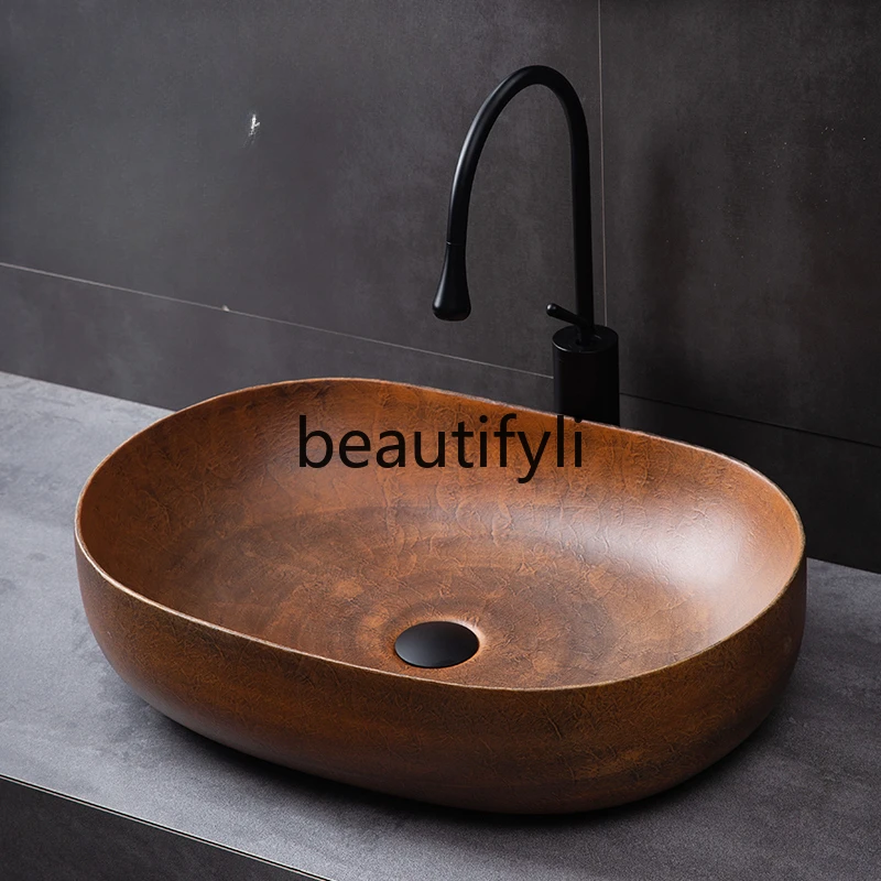 On-stage basin, balcony face wash single basin, ceramic art retro hand wash, household bathroom, wash basin