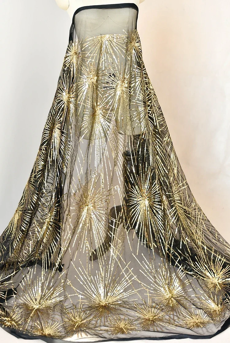 White Embroidered Gold Sequin Lace Fabric For Wedding Dresses Clothing Home Decoration Handmade Accessories