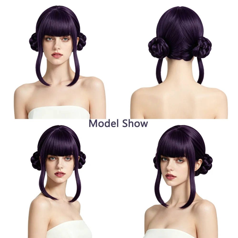 Daily Wear Dark Purple/Black Space Buns Wig with Straight Bangs Natural Looking Heat Resistant Synthetic Wig For Women