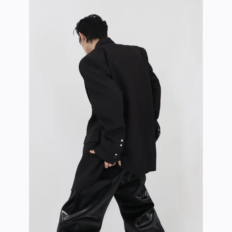 Oversized High Street Mens Suit 2024 Spring New Hip Hop Trendy V-neck Jacket Metal Buckle Wide Shoulders Casual Coats Male