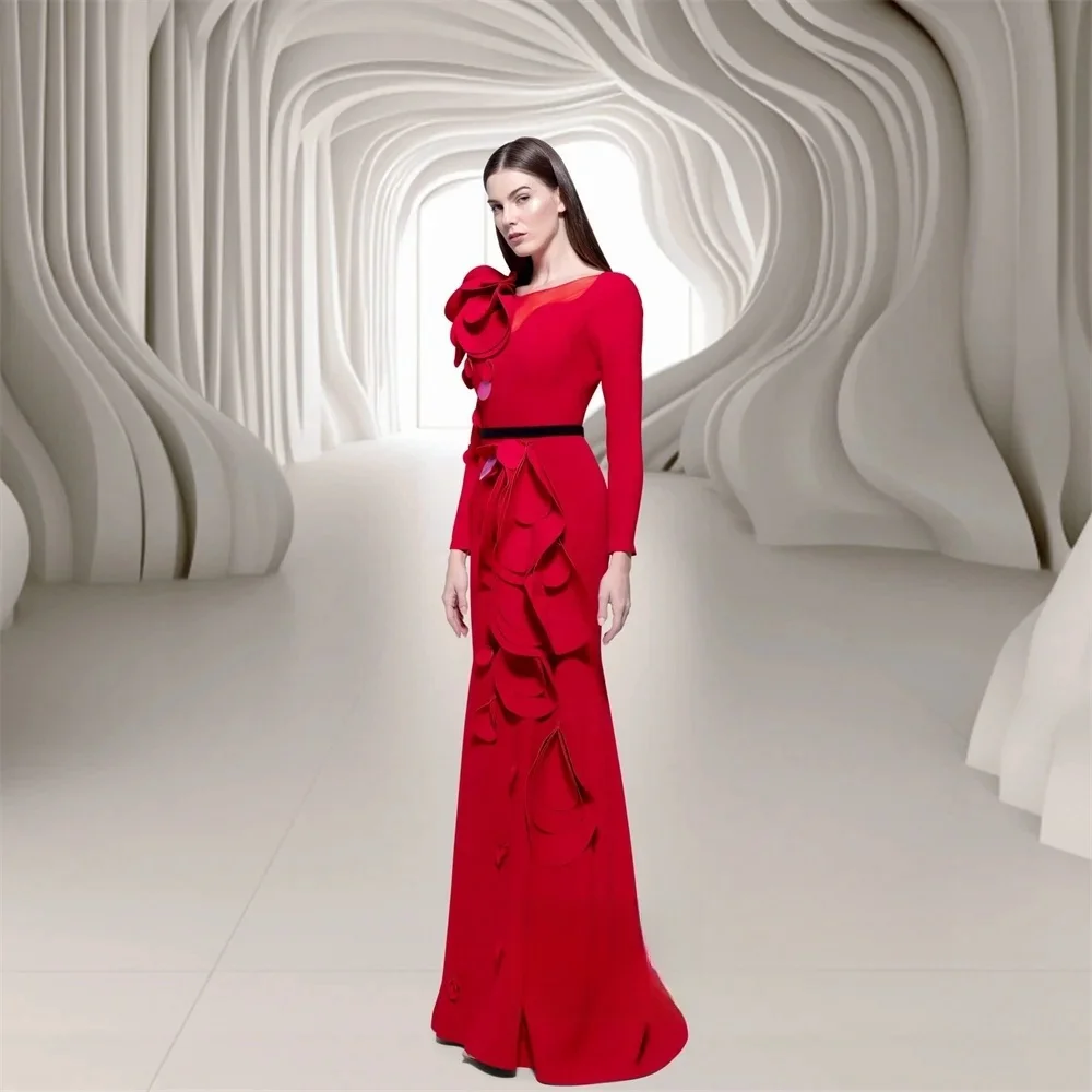 

Red Long Sleeves Floral Bespoke Occasion Gown Evening Dresses Pastrol Unisex Jersey Retro Dubai Saudi Arabic Prom Customized