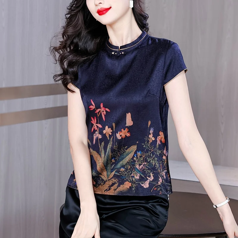 Seda ort sve camiseta feminina verão nova impressão high-end fibra de poliéster seda da mãe pequena irt marca chinesa