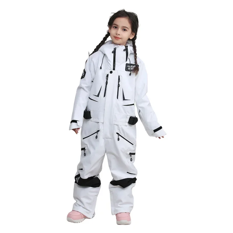 

New Children's One-piece Ski Suit Boys Windproof Waterproof Breathable Warm Skiwear Girls Solid Color Outdoor Loose Skiing Suit