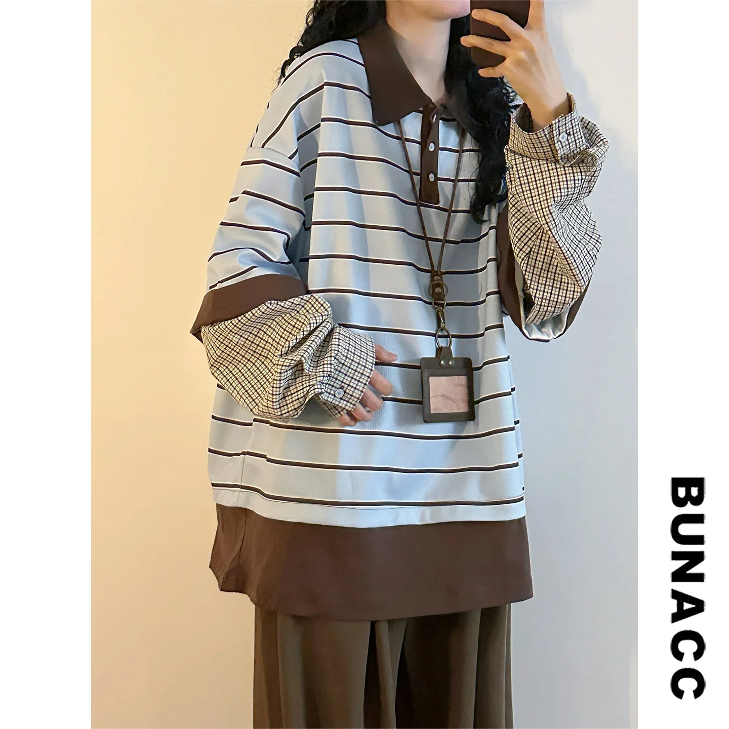 Camiseta Retro Americana a Rayas de Primavera para Mujer, Manga Larga, Holgada, Estilo Universitario, Top Moderno, Casual, con Patrón Creativo, Exclusiva Online