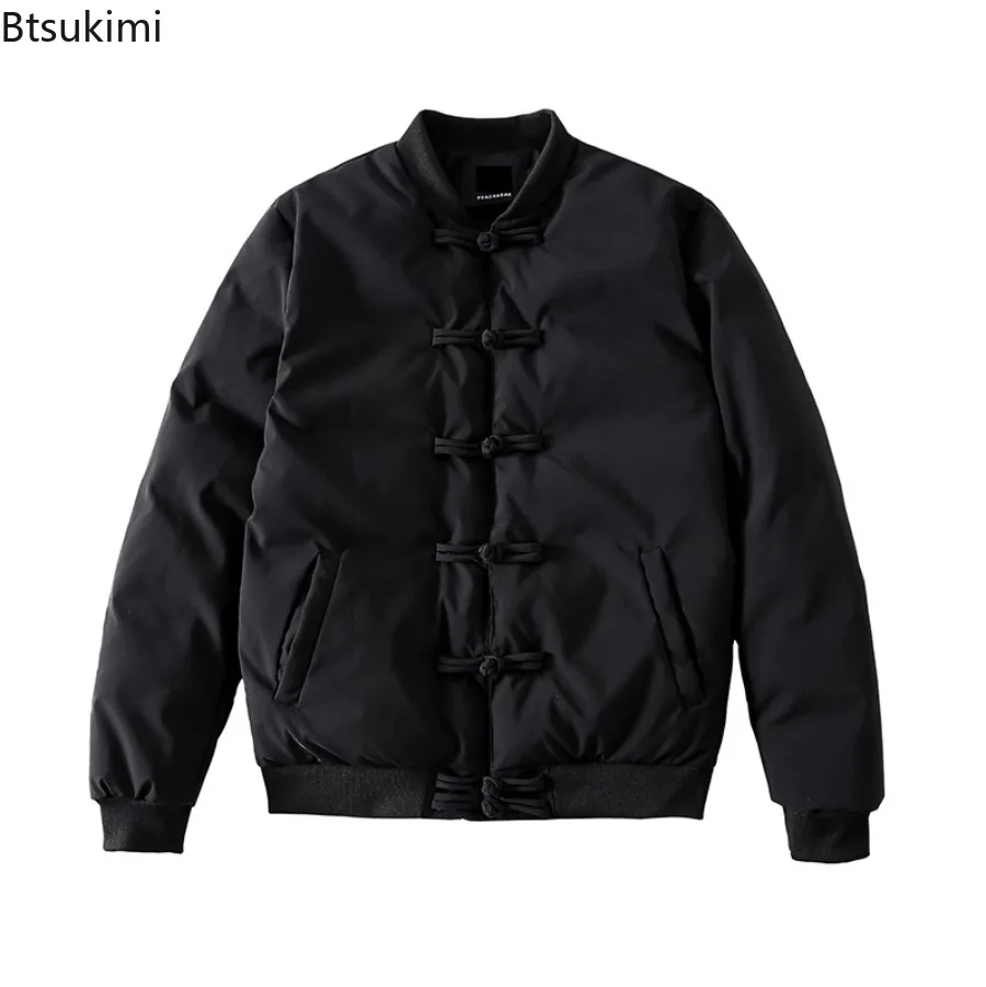New 2025 Winter Men's Chinese Style Parkas Casual Retro Black Coat for Men Fashion Chinese Knot Buttons Vintage Cotton Clothes