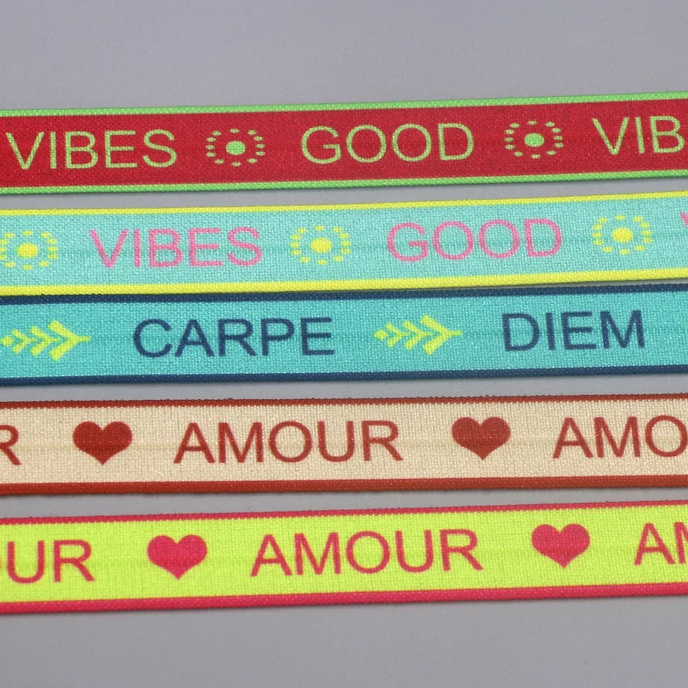 DUWES 5/8'' 50yards Good Vibes Amour Carpe Printed Fold Elastic FOE Stretch Ribbon Decorations Craft DIY Sewing D2318