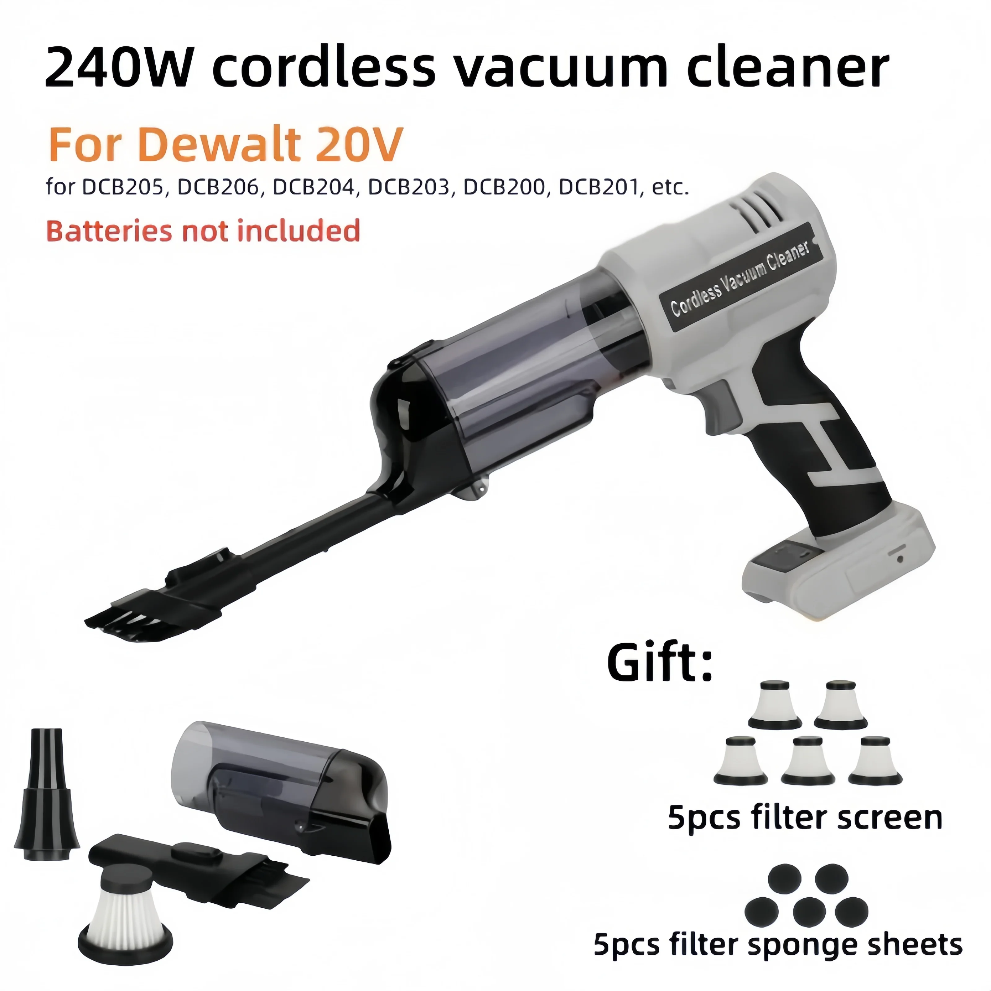Portable cordless vacuum cleaner suitable for DeWalt 18V lithium battery DCB205, DCB206, DCB204, for cleaning cars, tables, etc.