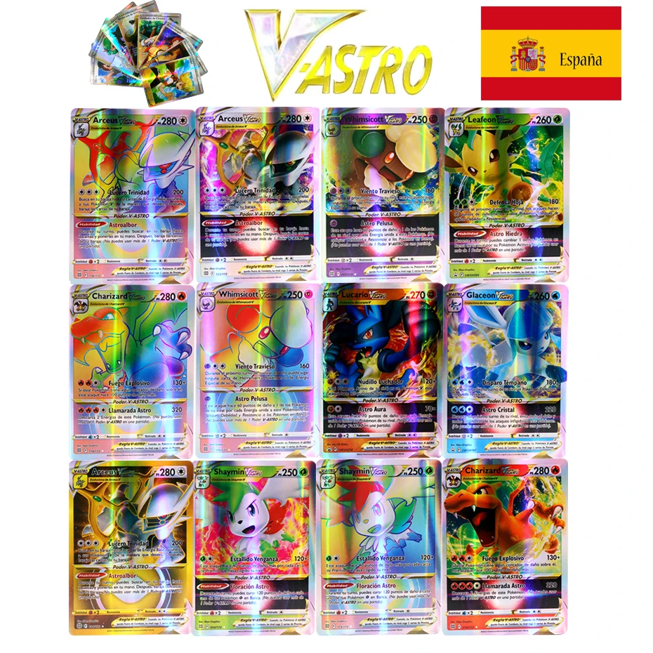 Cartas de Pokémon en Español con letras Vstar VMAX, juego de cartas holográficas brillantes, entrenador, último modelo, 2024