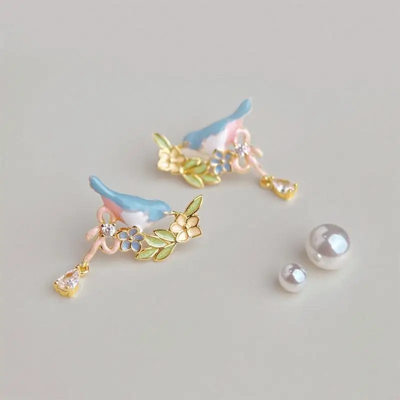 91AF Elegant Garden Bird Drop Earrings with Geometric Pattern Metal Texture Elegant Party Accessories for Fashion Outfit