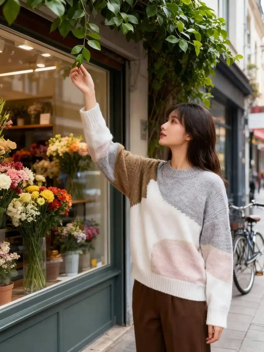 

Womens Crew Neck Long Sleeve Patchwork Minimalist Sweater Casual Everyday Wear