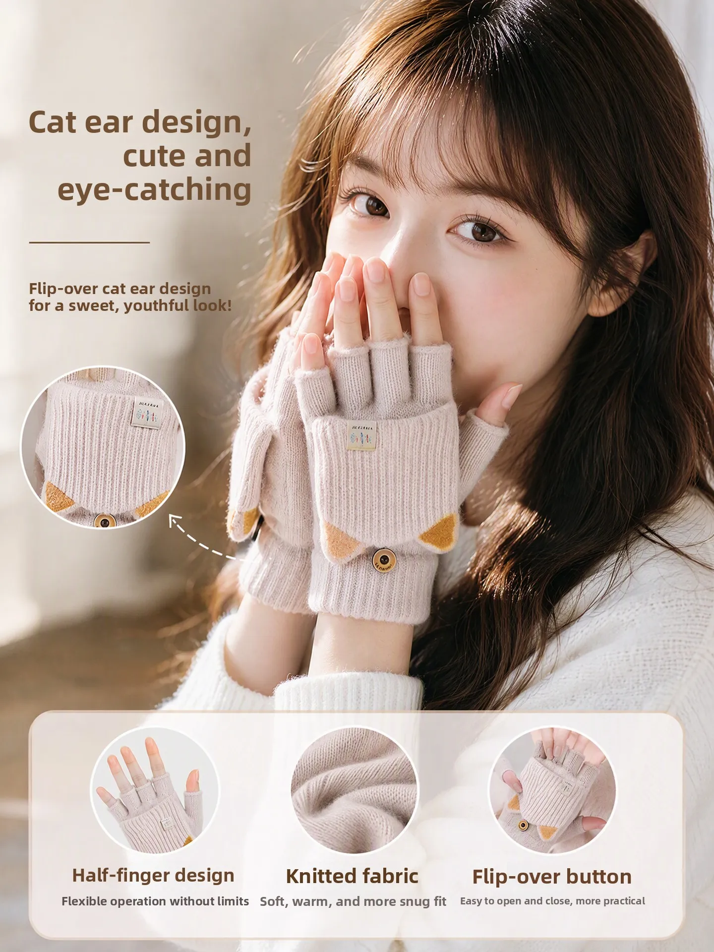 Thickened Knitted Winter Gloves Women's Cute Student Writing Flip Cover Half Finger Gloves Cycling Warmth Protection against ...