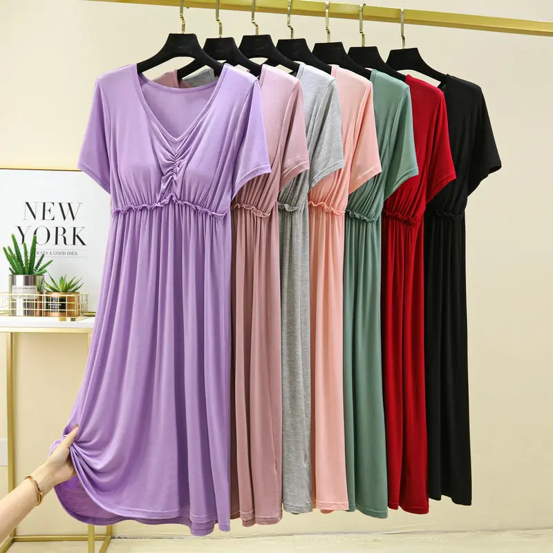 Modal V-Neck Women Nightgowns With Chest Pad Thin Short Sleeve Loose Summer Homewear Fashion Soft Leisure Oversize Night Dress