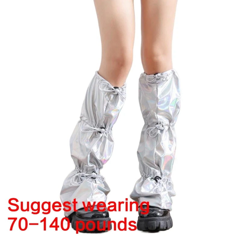Frauen Harajuku Punk Holographische Bein Wärmer Kordelzug Knie Länge Bein Abdeckung Socke – Detail 6