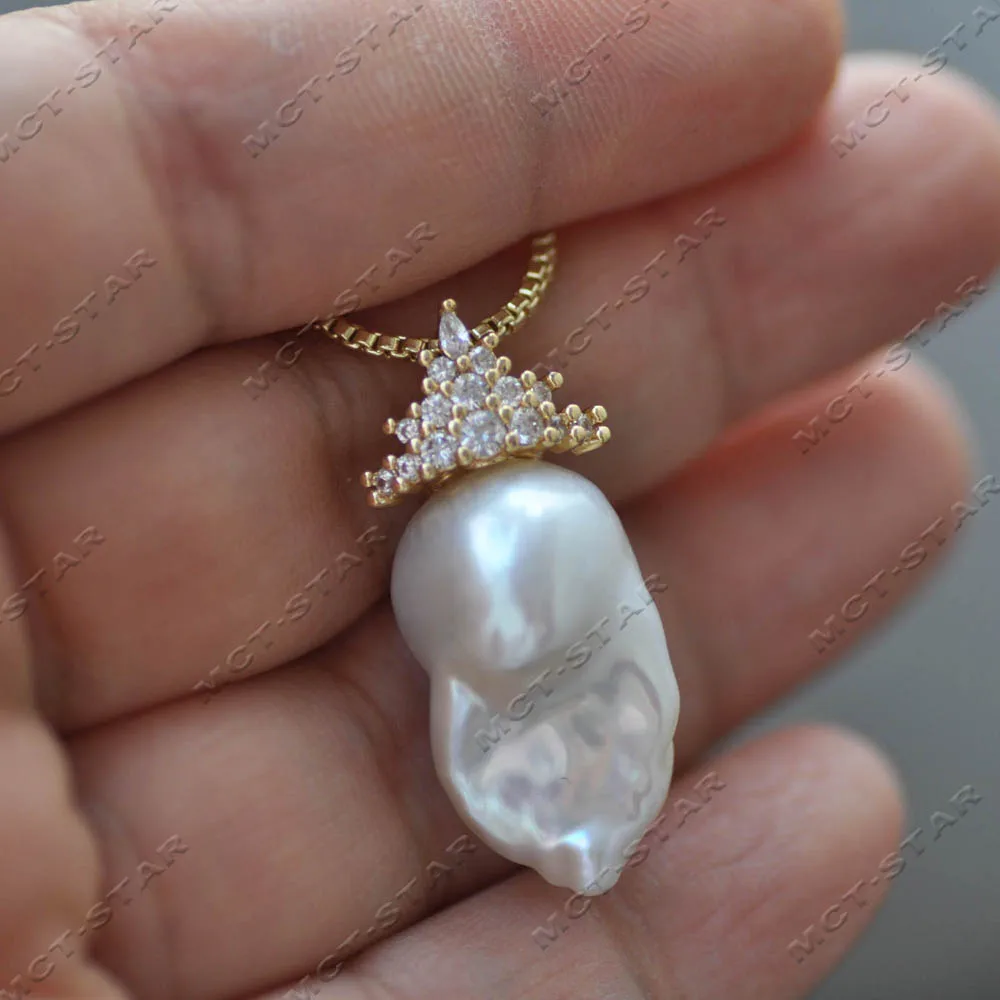 Z14561 Set 23mm Golden Crown All CZ White Baroque Reborn Keshi Pearl Dangle Earring Pendant view 6