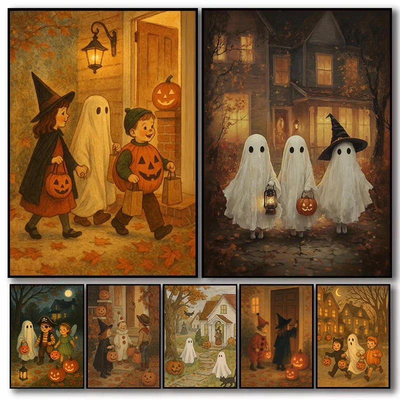 1pc frameless Canvas Painting Retro Kids Cute Ghost Trick or Treat Halloween Parade Pumpkin Spooky Aesthetic Poster Canvas Paint