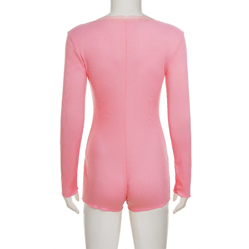 Macacão francês estilo doce renda patchwork com decote em V manga comprida slim fit para mulheres