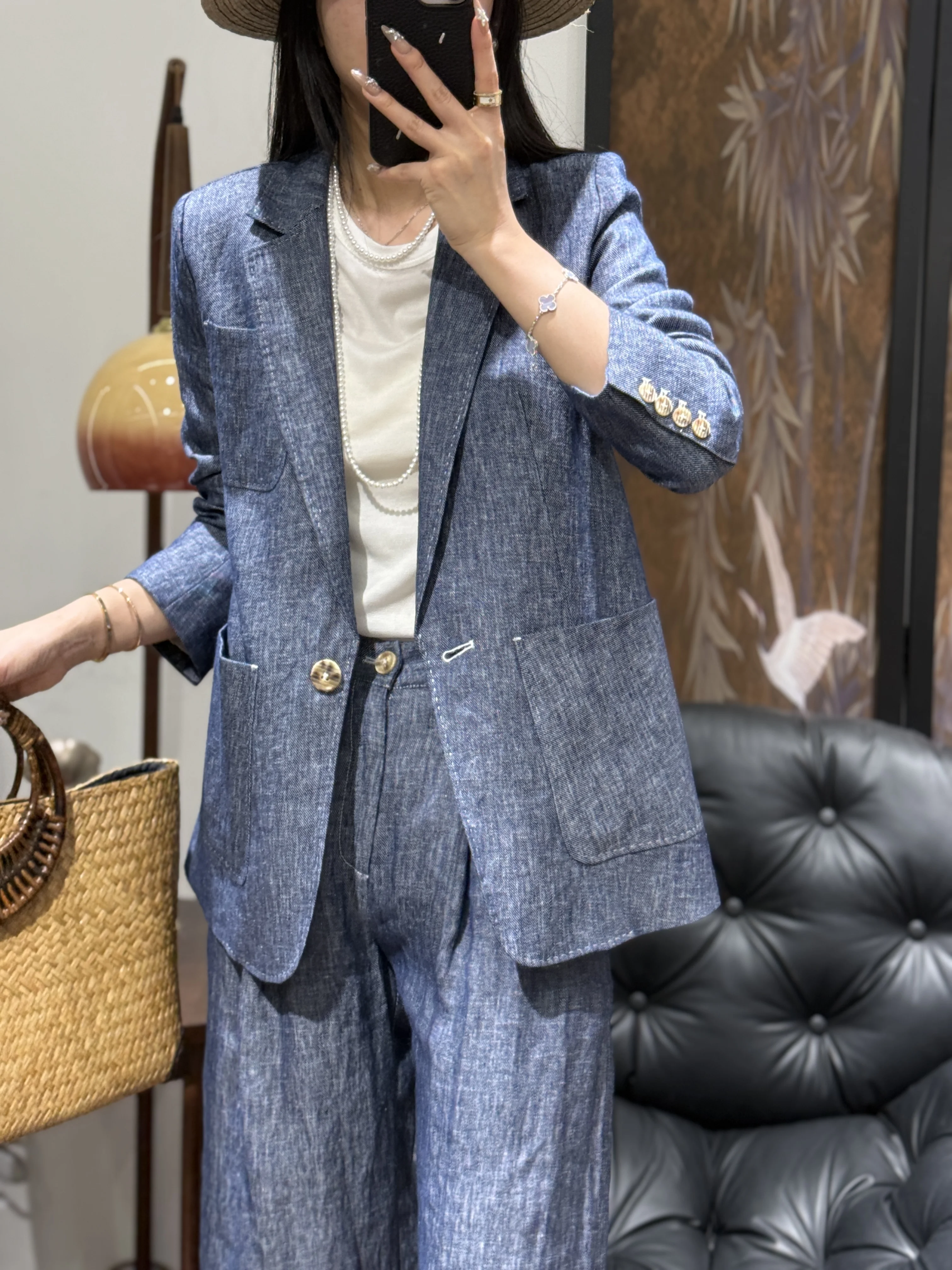 100% linen Women's Denim Blazer Spring 2025 Long Sleeve Single Breasted Loose Ladies Suit Jacket
