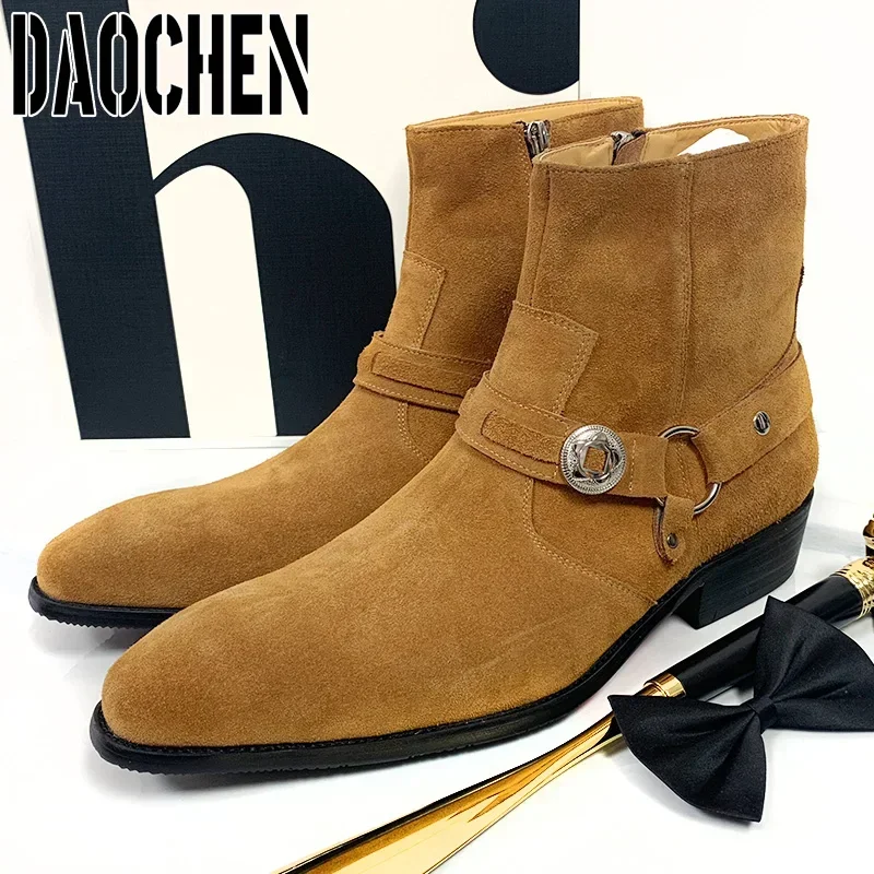 Luxury Men Ankle Boots Shoes High Zipper Chelsea Boots Slip On Leather Shoes Casual Men Dress Shoes Suede Men\'s Boots