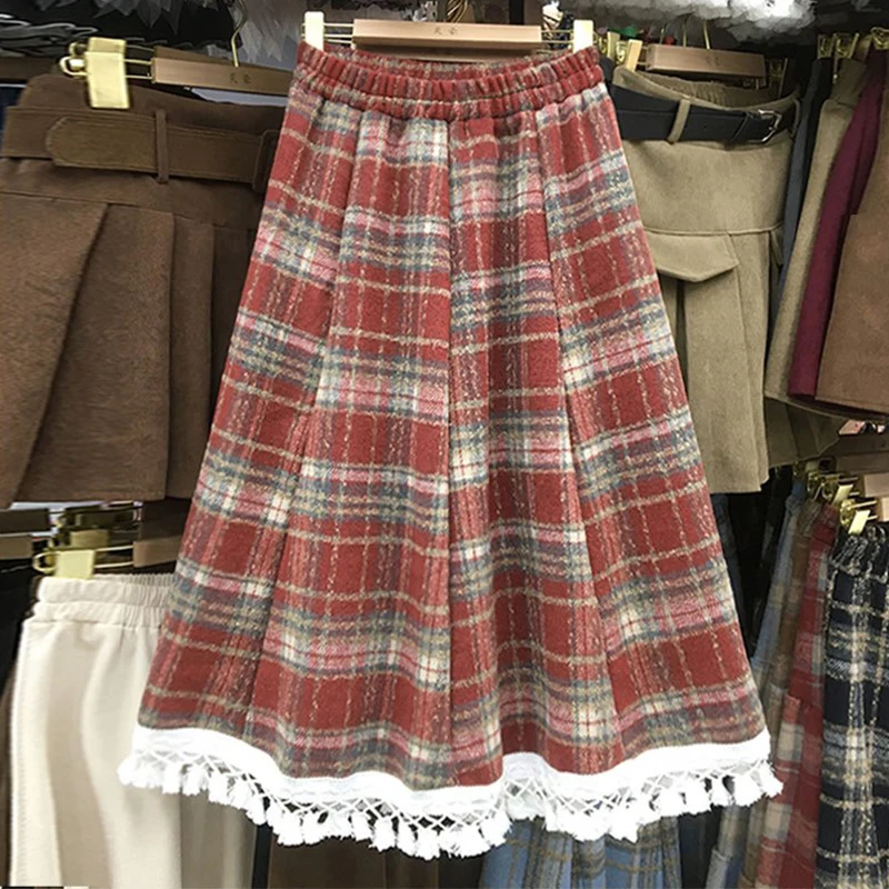 

MEXZT Vintage Plaid Midi Skirt Women Harajuku Faux Woolen Tassel Patchwork Skirts Autumn Winter Korean Casual A Line Faldas New