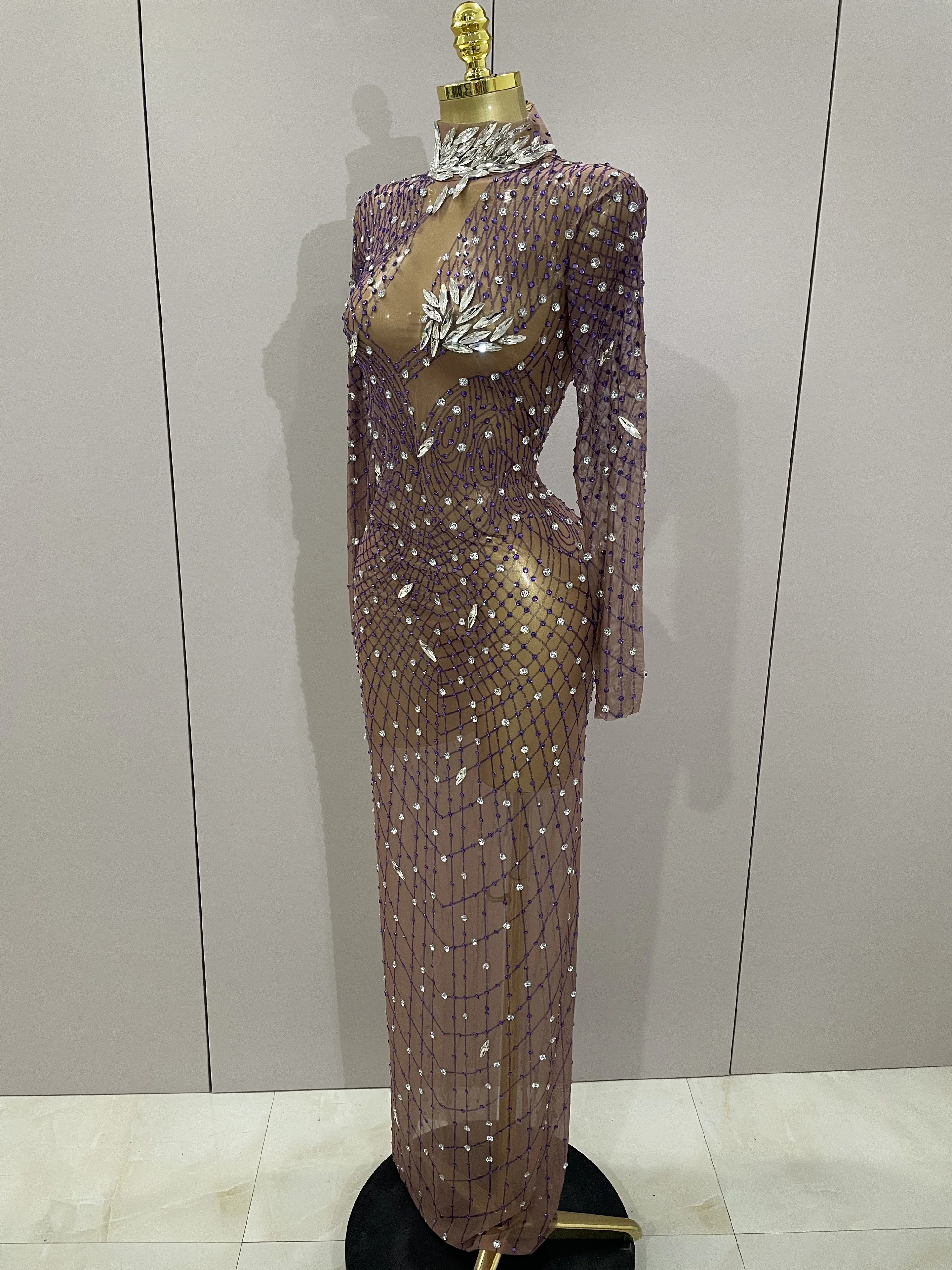 Strass brillants maille Sexy voir à travers la robe longue femmes anniversaire célébrer soirée chanteur spectacle scène porter Photo Shoot robe