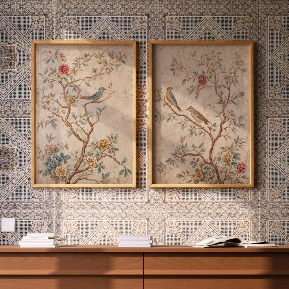 Set of Two Neutral Chinoiserie Panel Birds & Flowers Print Vintage Japanese Wall Art Asian Canvas Poster Home Room Decoration