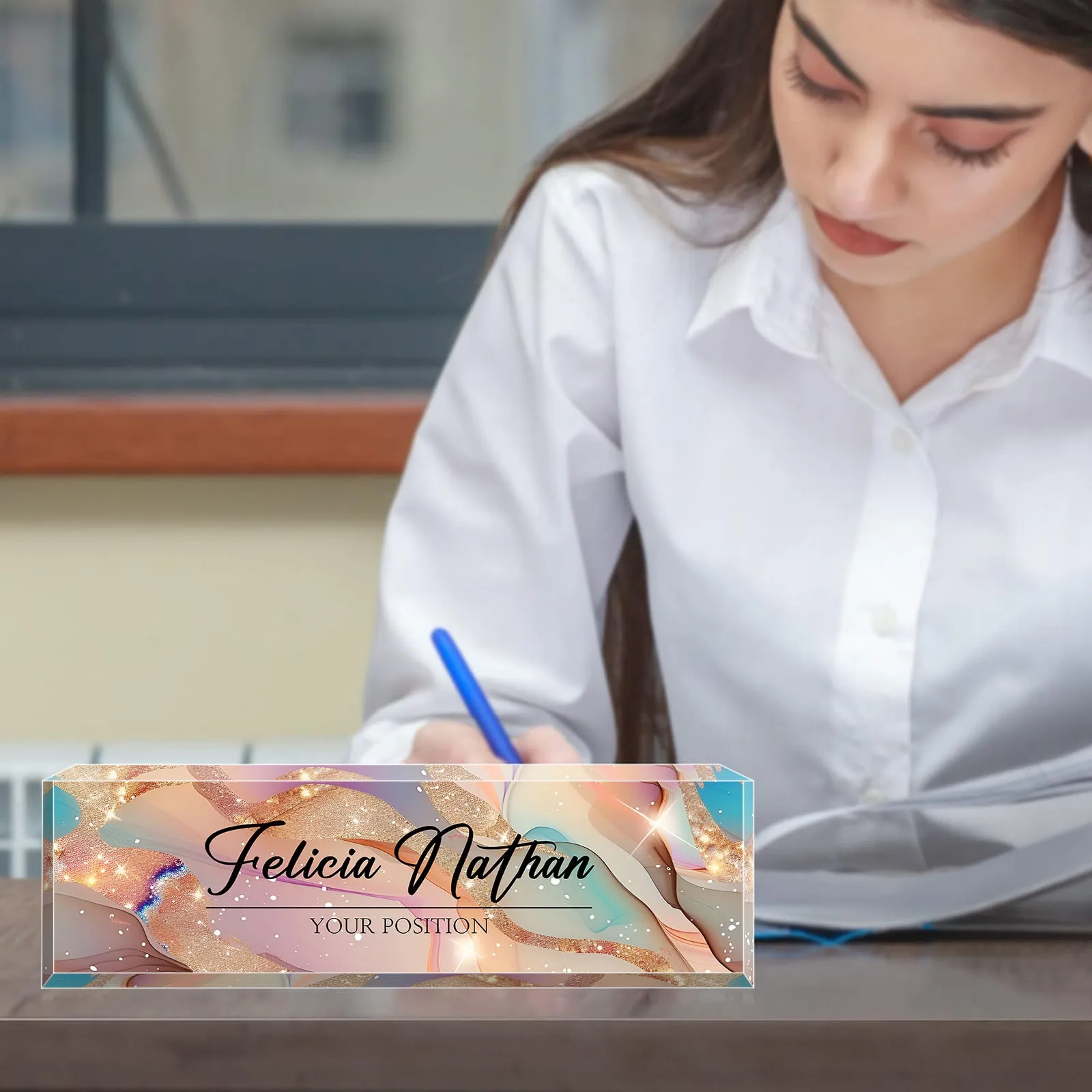 Custom Glitter Acrylic Desk Name Plaque, Personalized Name Plate, Christmas & Birthday Gift for Teachers and Office Coworkers