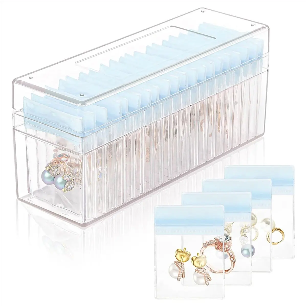 ABFW Acrylic Jewelry Box,Clear Jewelry Organizer with 20 Portable Anti Oxidizing Zipper Bags,Travel Jewelry Case Blue
