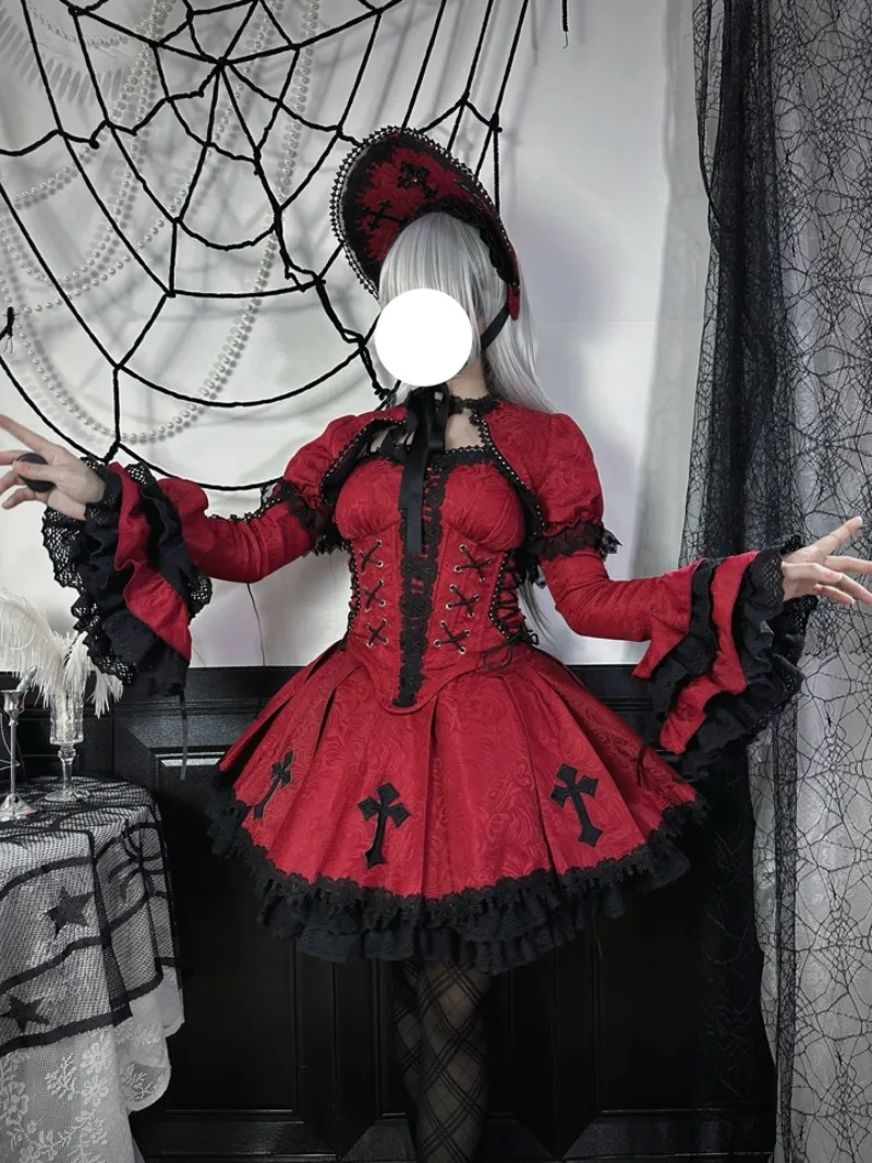 

Harajuku Style Cross Print Gothic Lolita Dress Set Subculture Lace-Up Strapless Fishbone Top Multi-Layer Puff Skirt Short Jacket
