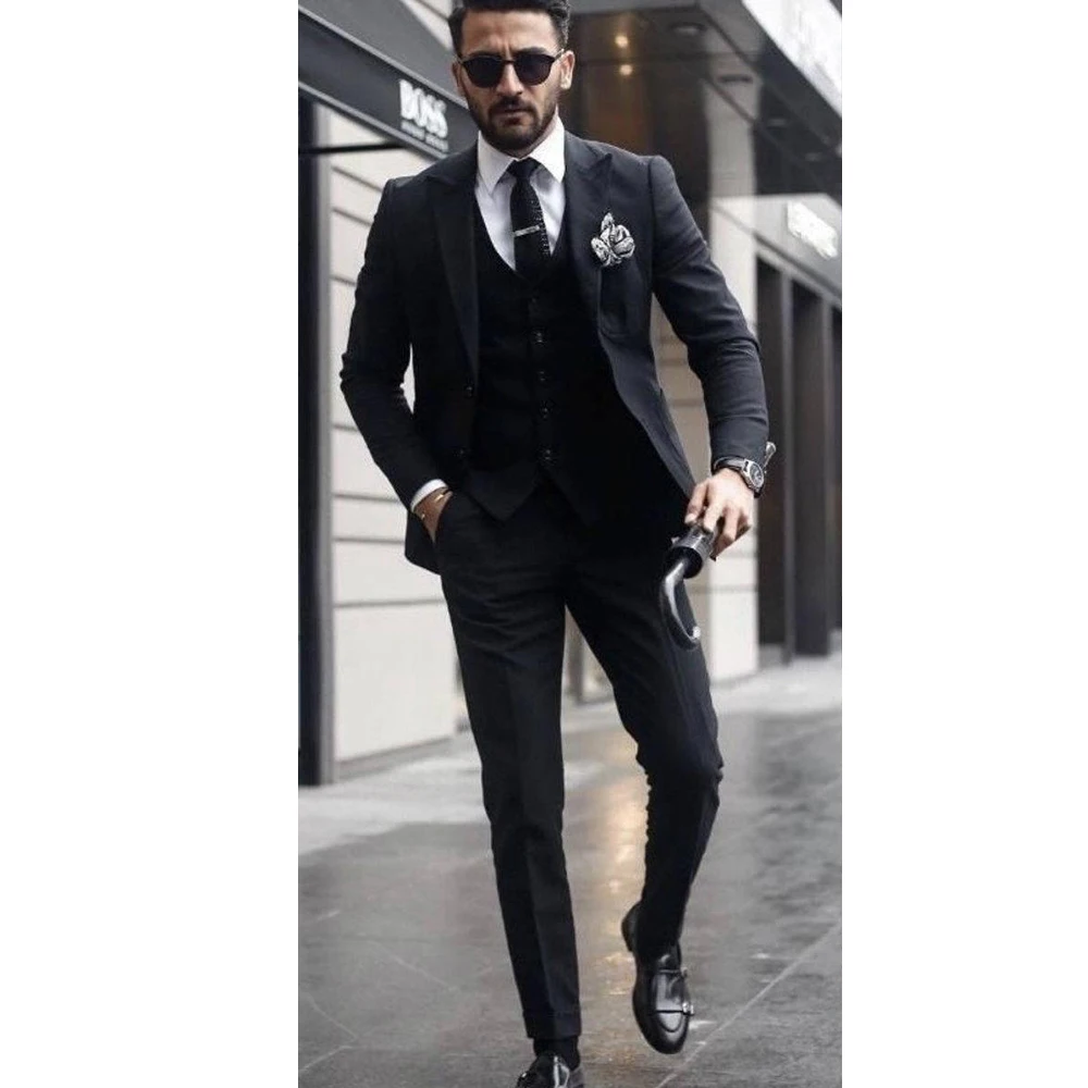 Boss Men Suits for Wedding Lapel Gentle Groom Wear Slim Fit Groomsmen Wedding Tuxedos 3 Piece Jacket Pants Vest Best Man Blazer