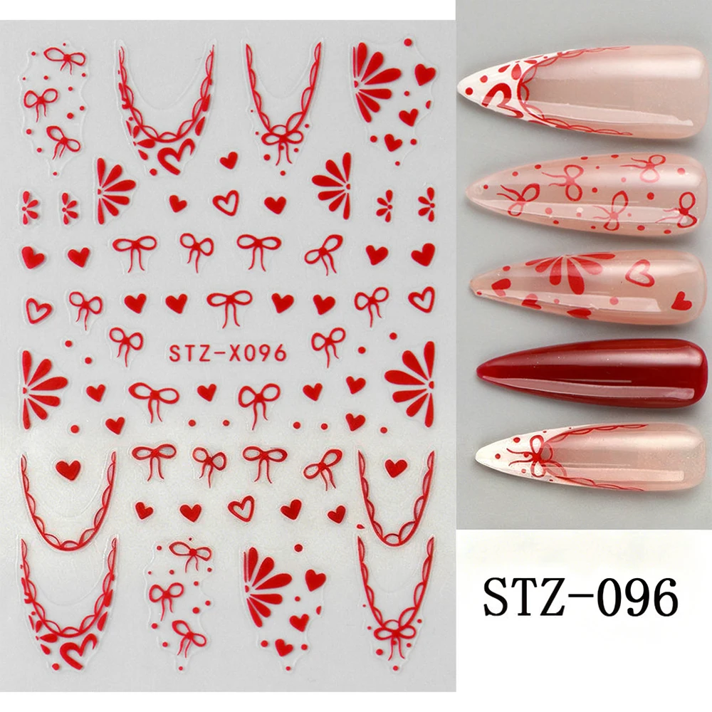 1 szt. Naklejki na paznokcie 3D z czerwonymi kokardkami i serduszkiem, urocze francuskie kokardki, naklejki na paznokcie na Walentynki, samoprzylepne ozdoby na paznokcie z serduszkiem, akcesoria do paznokci 6*9cm