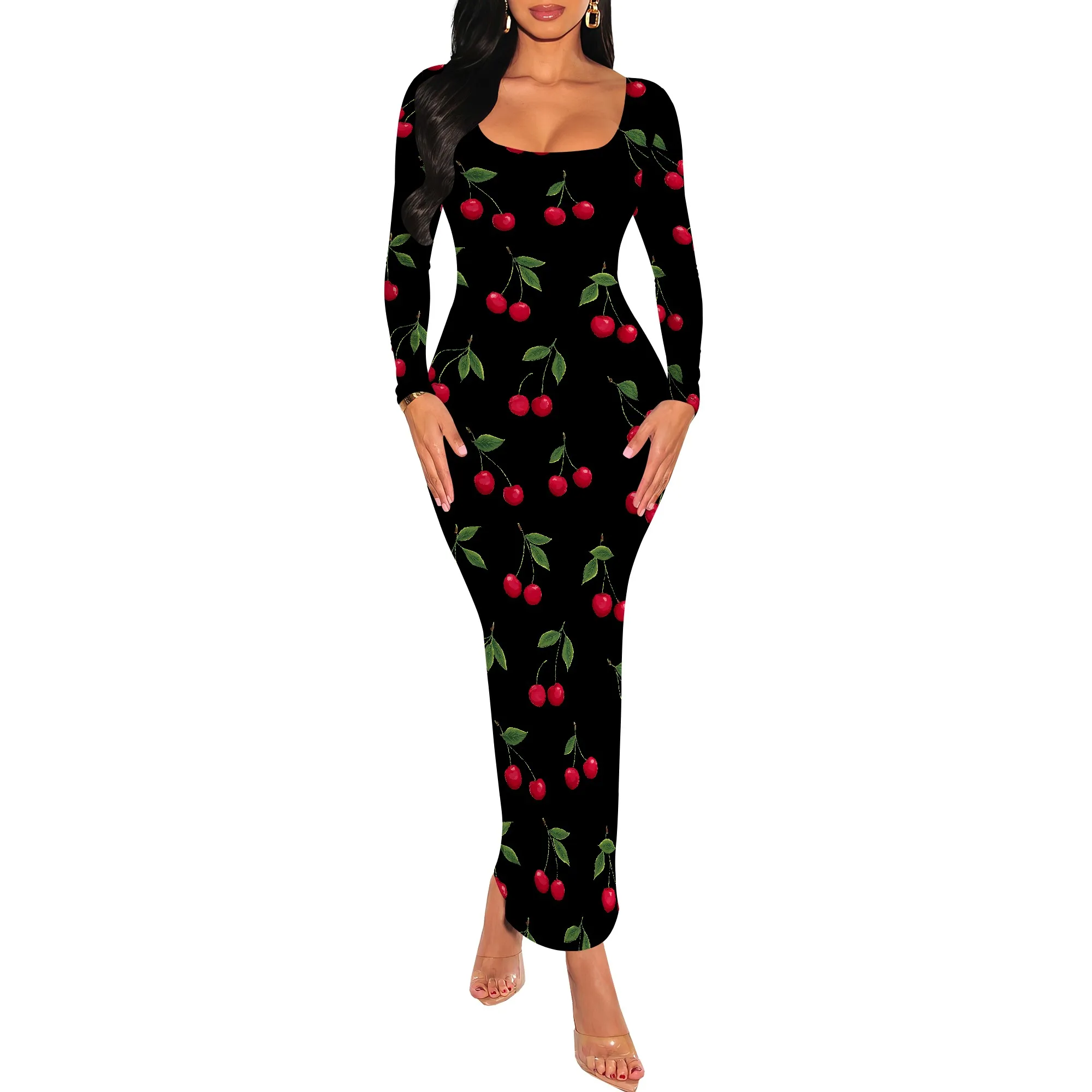 

Women's Long Sleeve Square Neck Bodycon Maxi Long Dress